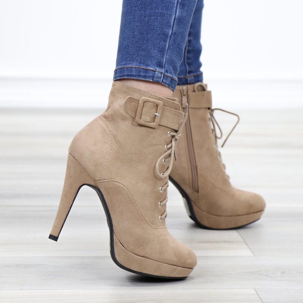 Tan Faux Suede Heel Lace-Up Ankle Booties - Picture 3 of 14
